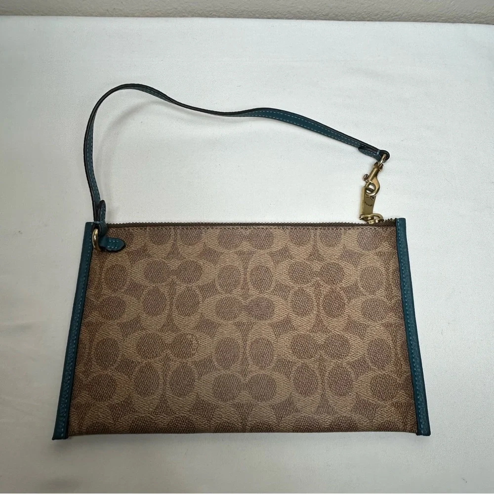 Coach Day Wristlet In Signature‎ Coated Canvas And Refined leather Teal Trim